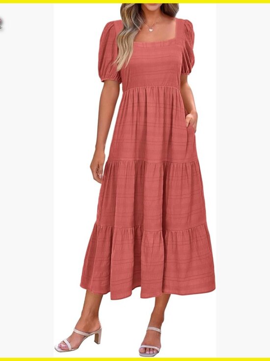 Dresses & Skirts - Puff Sleeve Square Neck Smocked A-Line Midi Dress Flowy Boho Chic